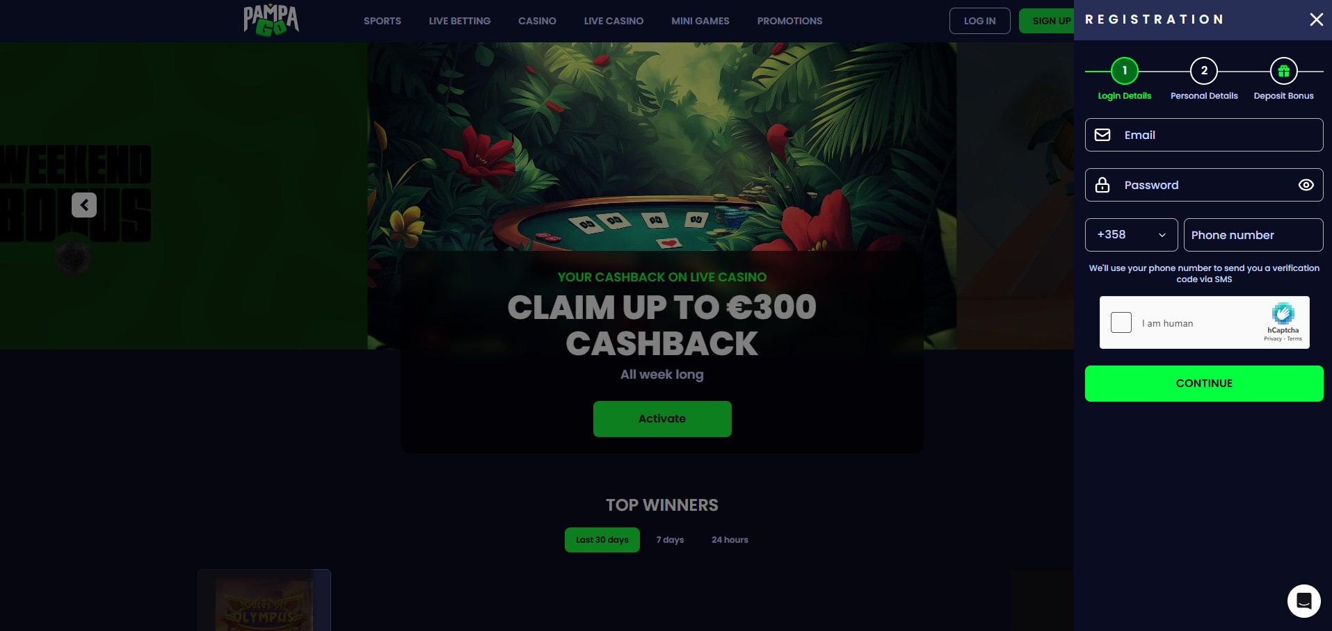 The PampaGo Casino account sign-up page for quick and easy registration.