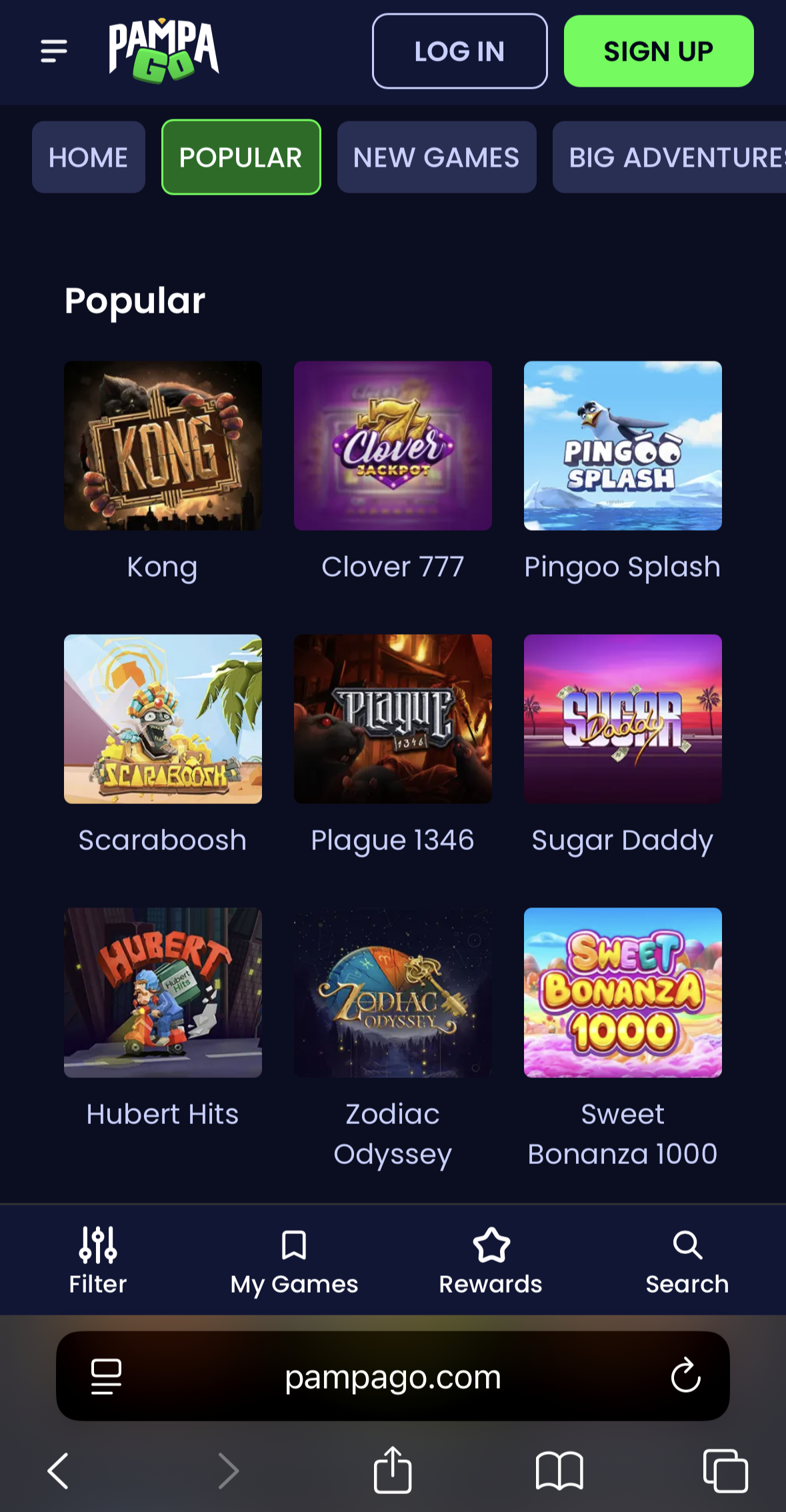 Navigating the extensive PampaGo Casino game list on a mobile phone.