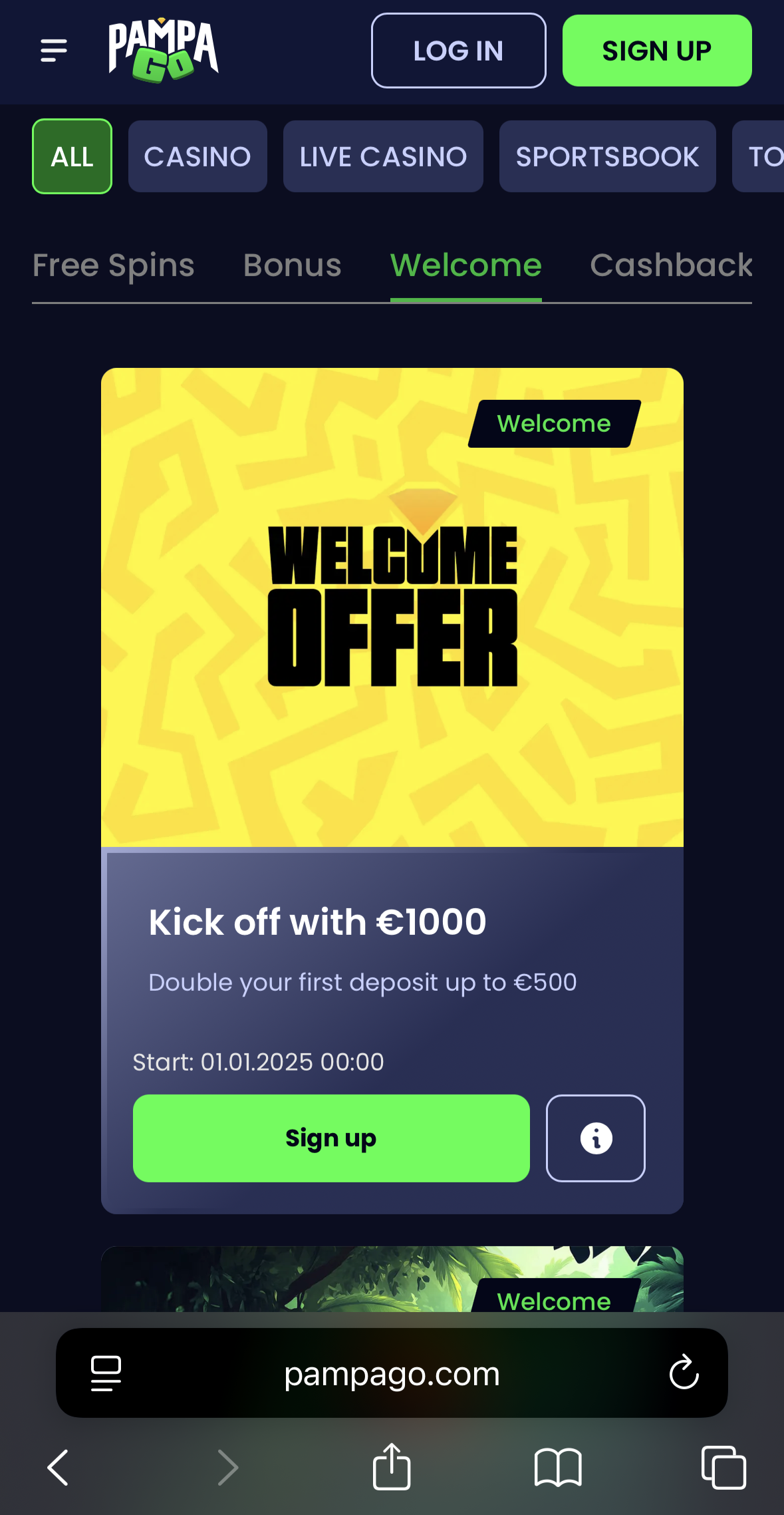 PampaGo Casino's welcome offer as seen on a mobile device.