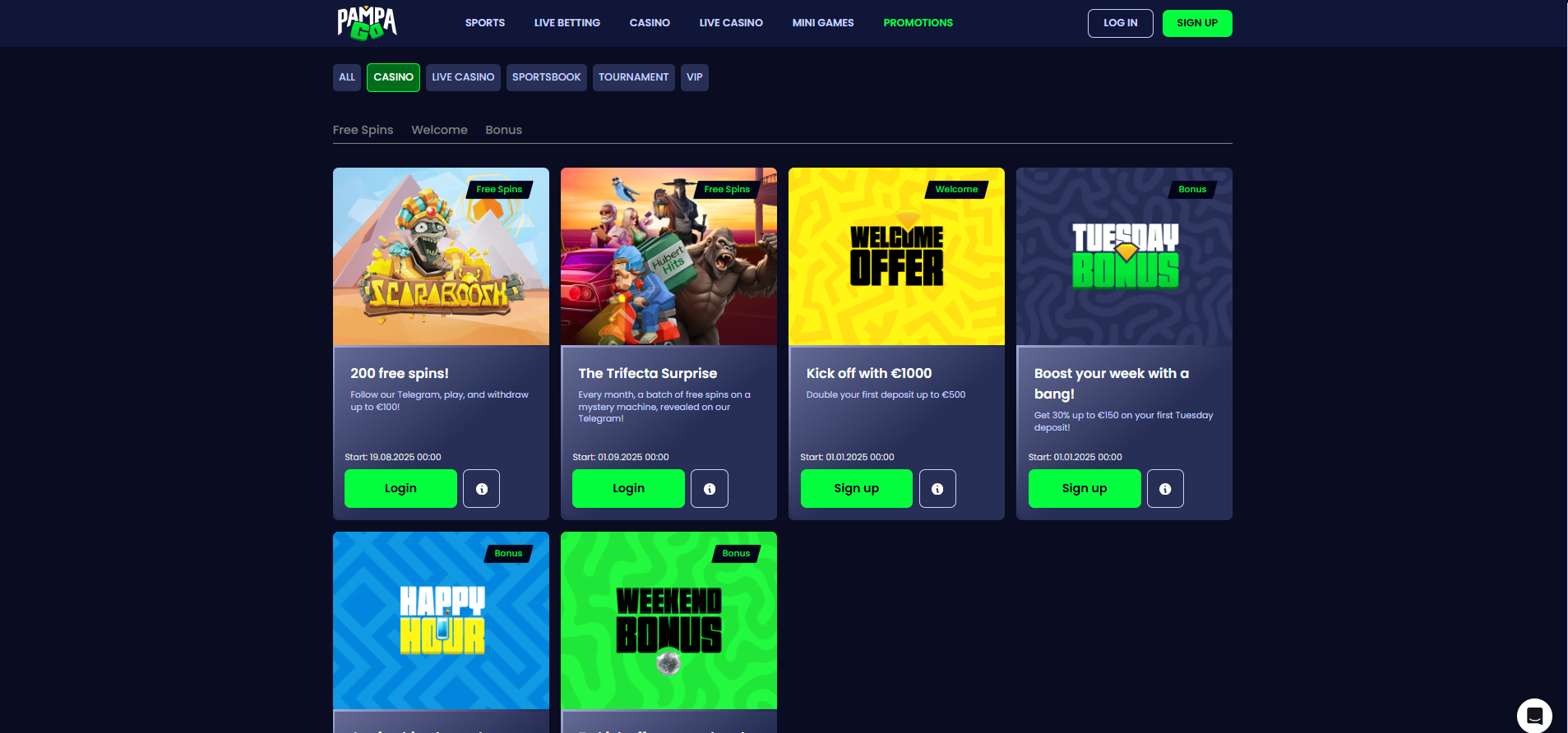 The PampaGo Casino promotions page displaying various casino bonus offers.