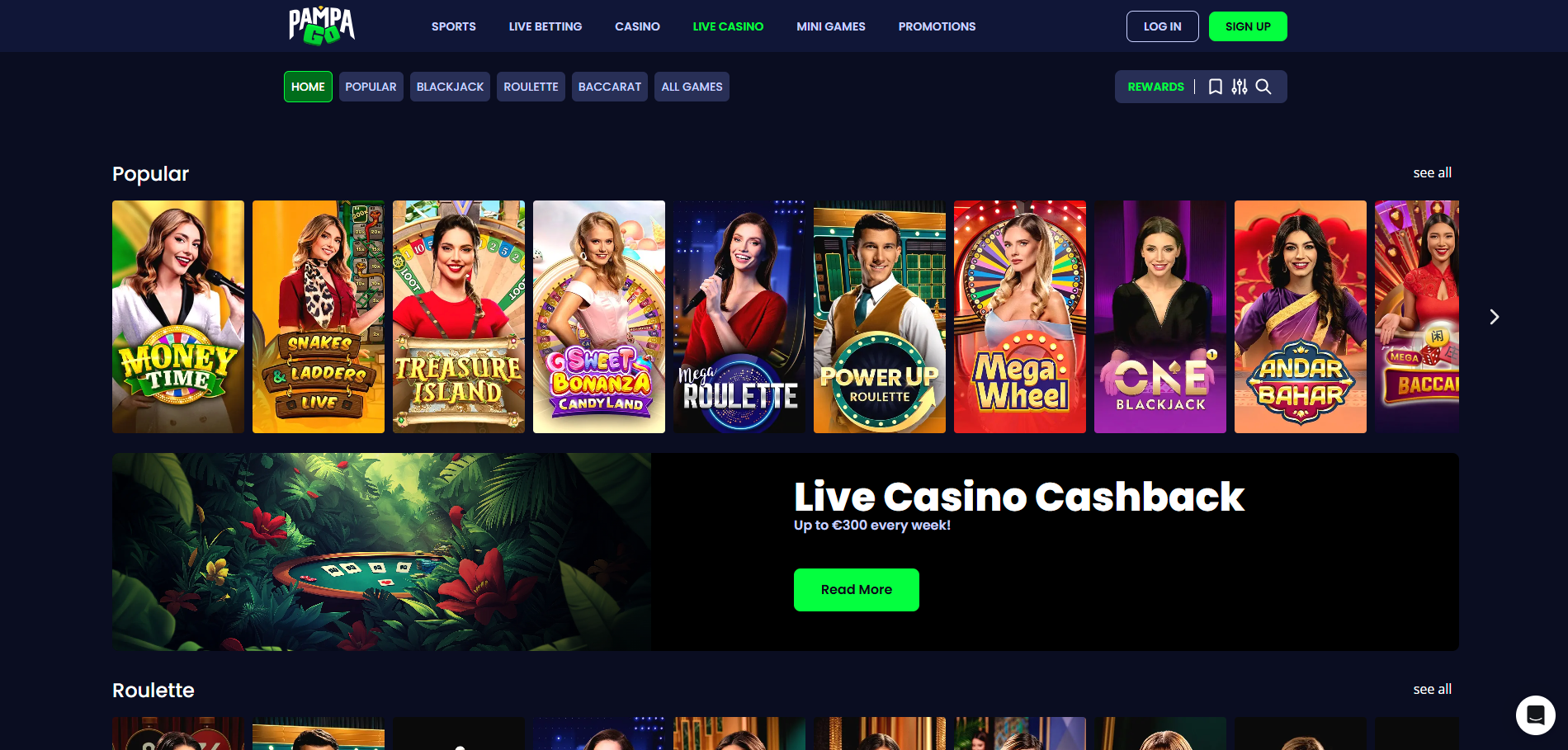 The PampaGo live casino lobby showing various live dealer game options.