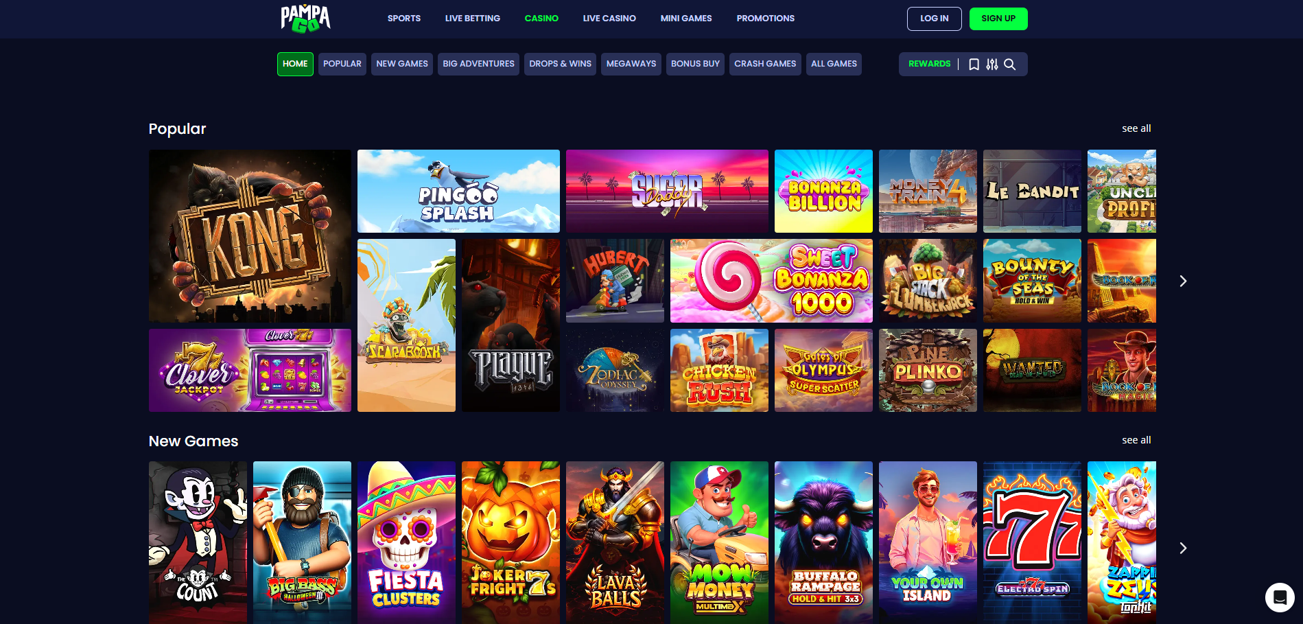 Screenshot of popular and new slot games available at PampaGo Casino.
