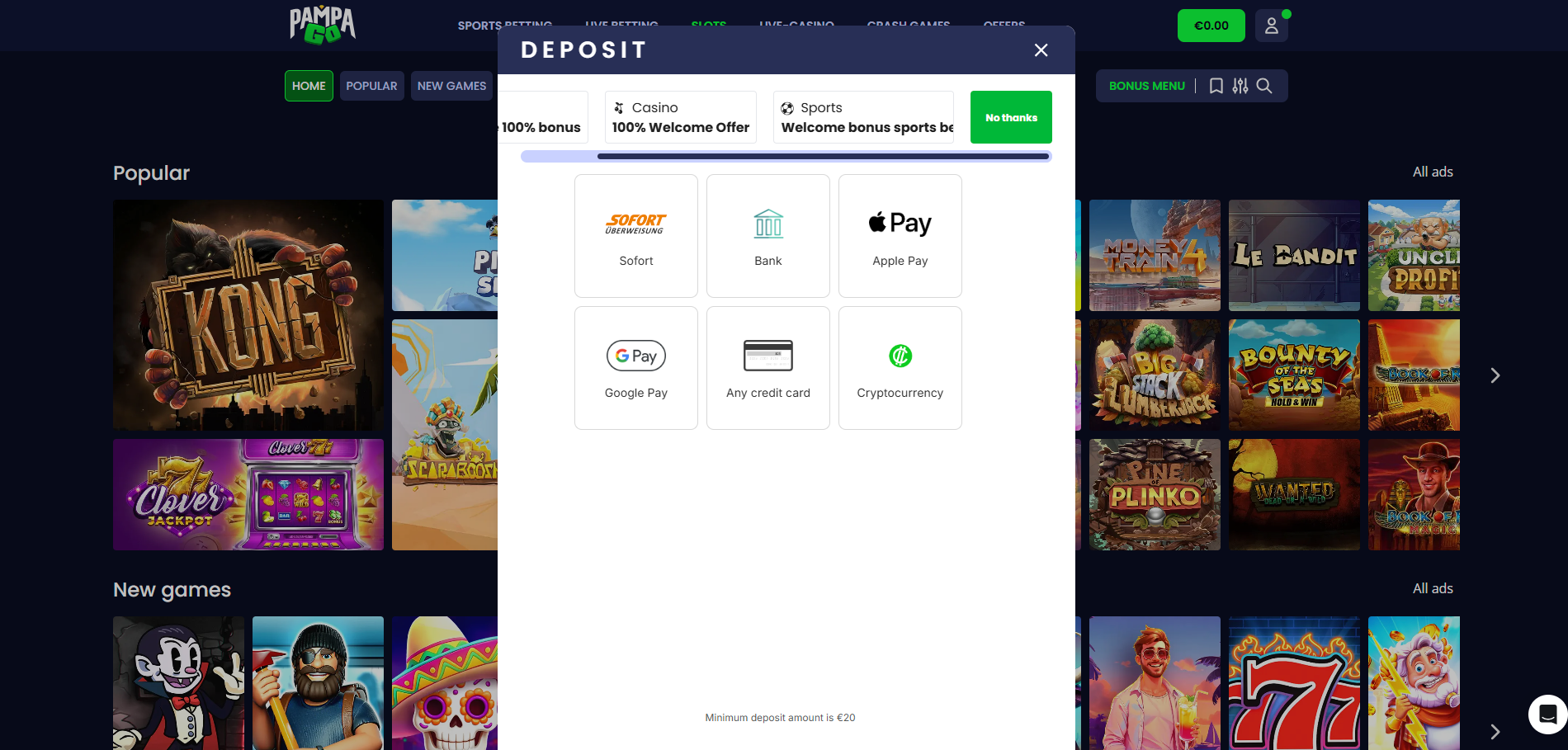 The PampaGo Casino deposit menu showing various secure payment methods.