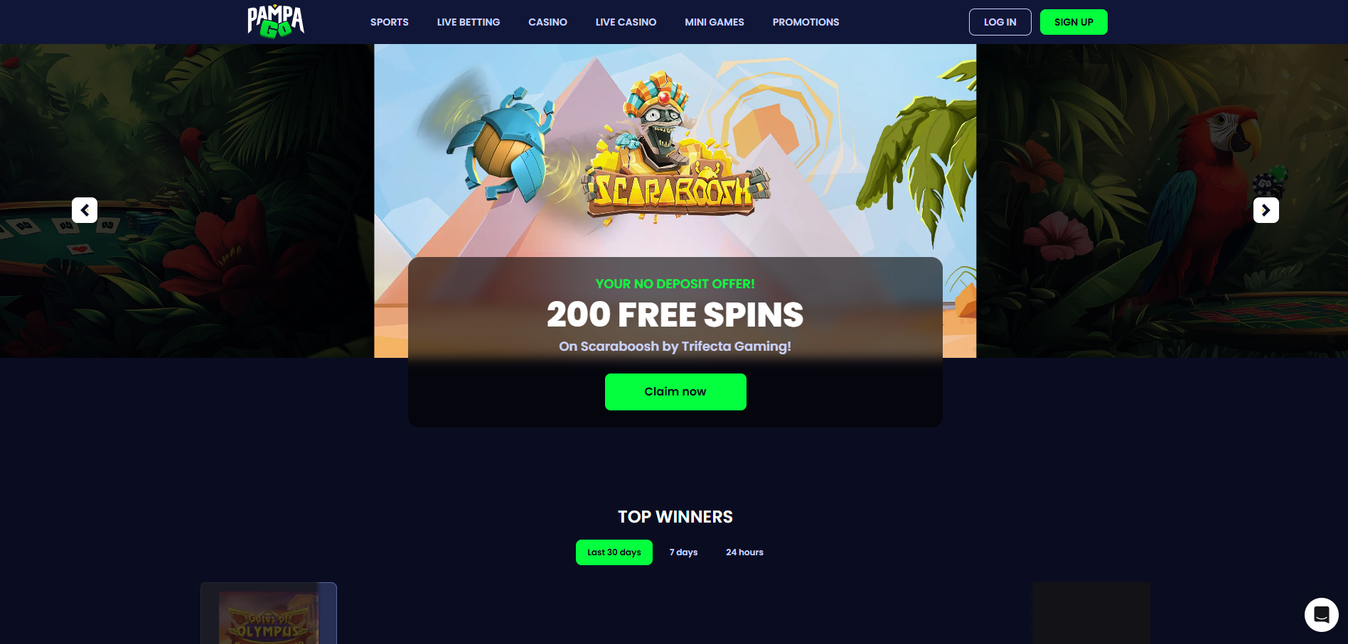 PampaGo Casino homepage showing the exclusive 200 free spins registration bonus.